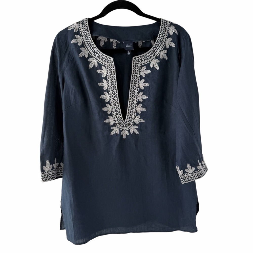 Saks Fifth Avenue Blue 100% Linen Women's Tunic Cover-up Coastal Grandma Summer